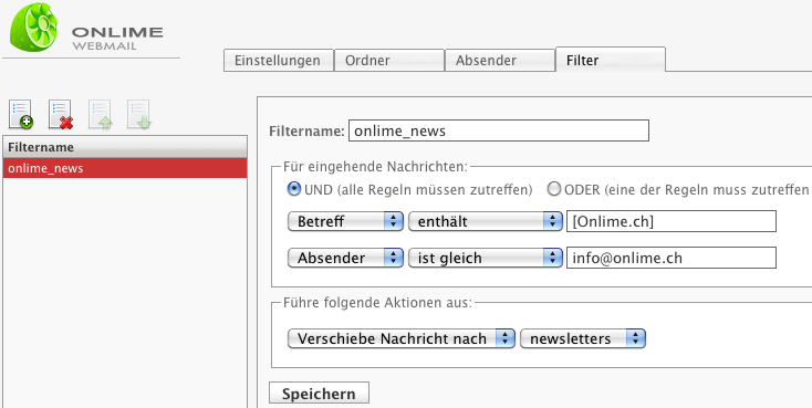 Serverseitige Filterregeln via Webmail
